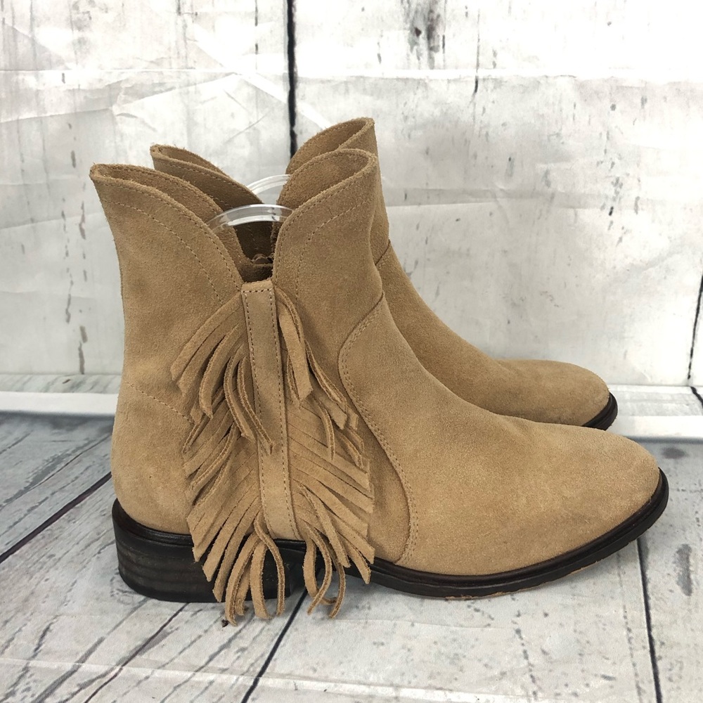 Marabelle Iselda Suede Leather Sand Tan Fringe Zip Up Ankle Booties Boots